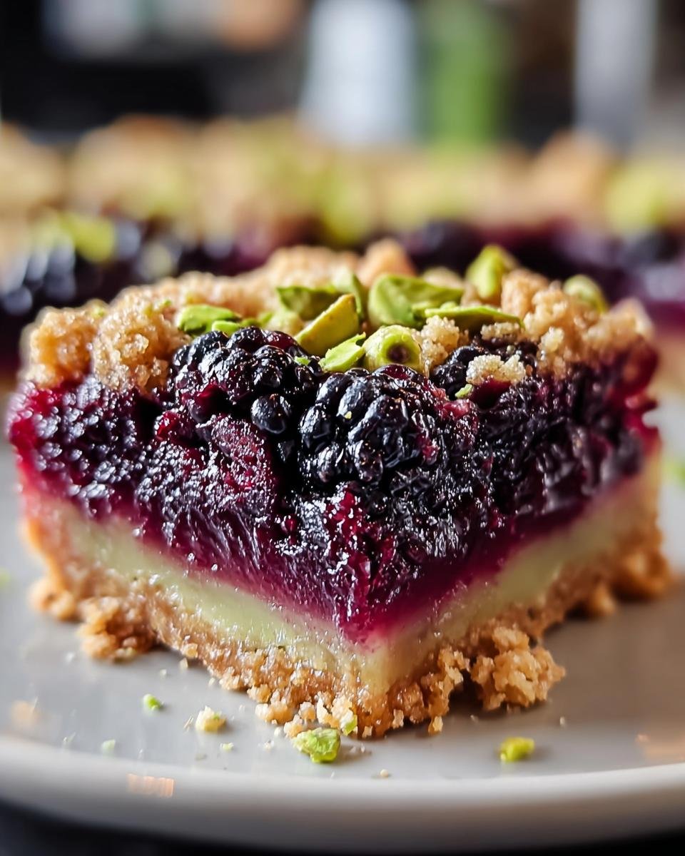A close-up of a Blackberry Pistachio Dream Bar slice on a gray plate, showing the layers of crust, filling, blackberries, and pistachios.