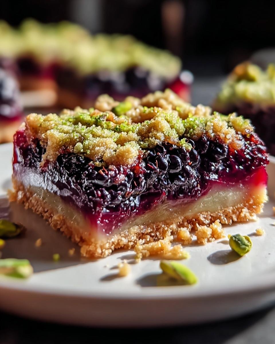 A close-up of a Blackberry Pistachio Dream Bar slice, showing layers of crust, creamy filling, and blackberry topping with pistachios.