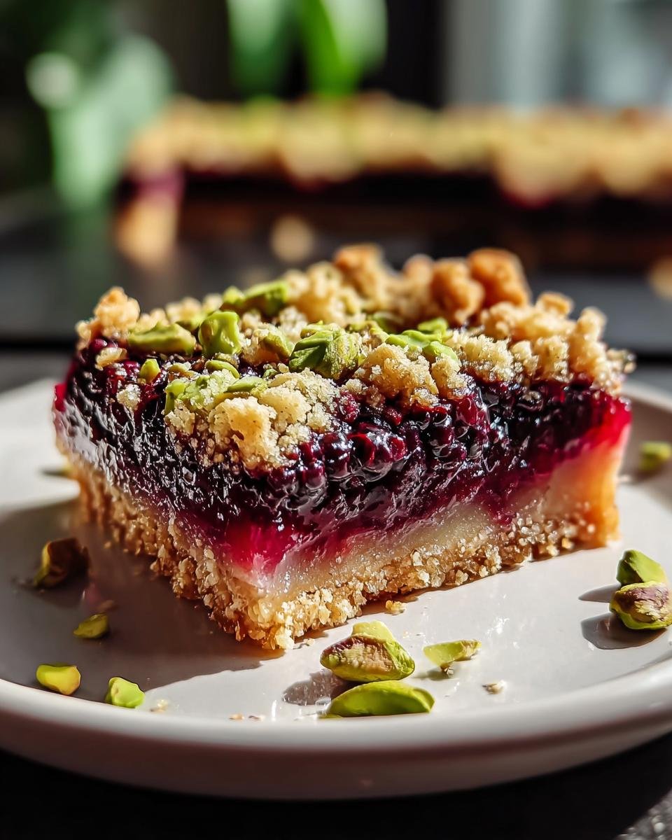 A close-up of a slice of Blackberry Pistachio Dream Bars on a plate, topped with crumble and pistachios.