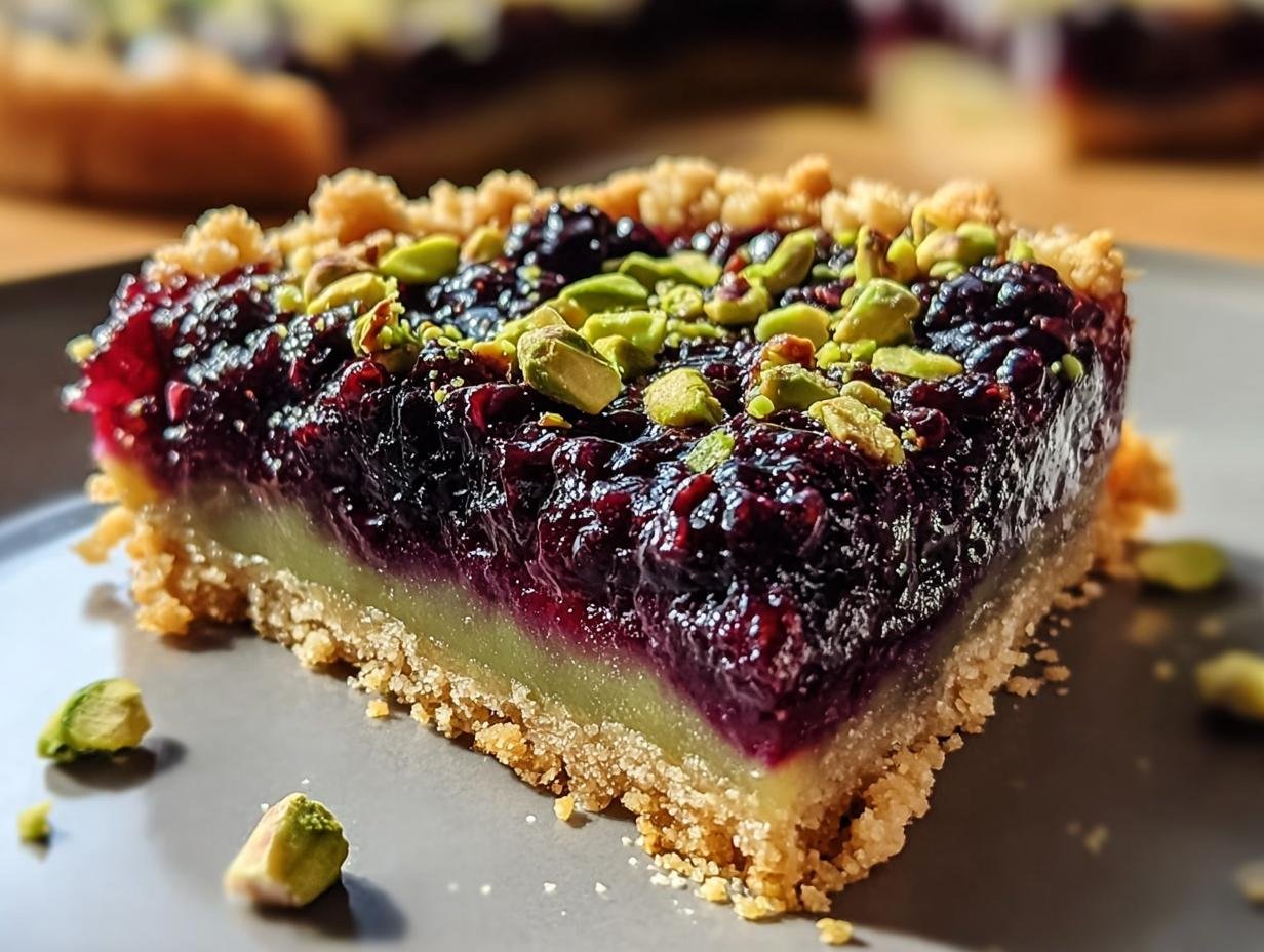 A delicious slice of Blackberry Pistachio Dream Bars with a crumbly crust and fresh pistachios.