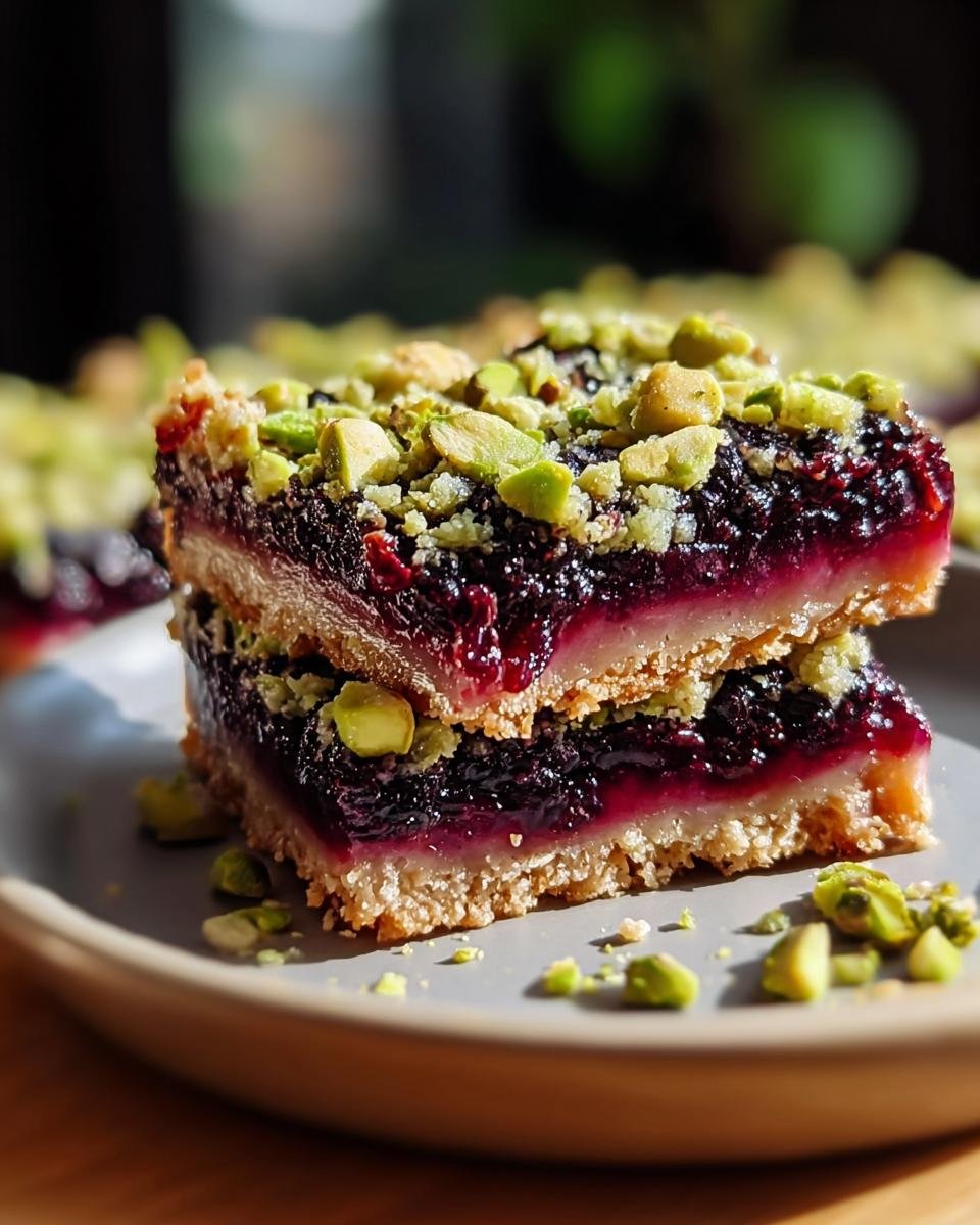 Two stacked Blackberry Pistachio Dream Bars on a plate, topped with chopped pistachios.
