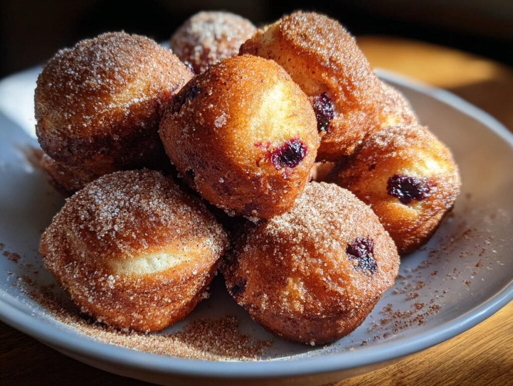A pile of golden-brown Blueberry Cottage Cheese Donut Holes, dusted with cinnamon sugar, on a light gray plate.
