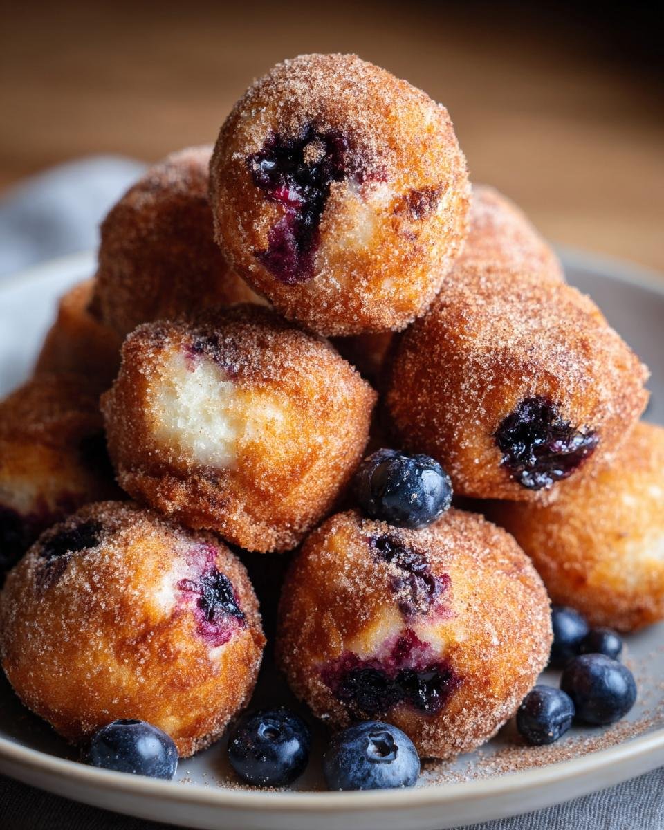 A close-up stack of golden-brown Blueberry Cottage Cheese Donut Holes, dusted with cinnamon sugar and garnished with fresh blueberries.