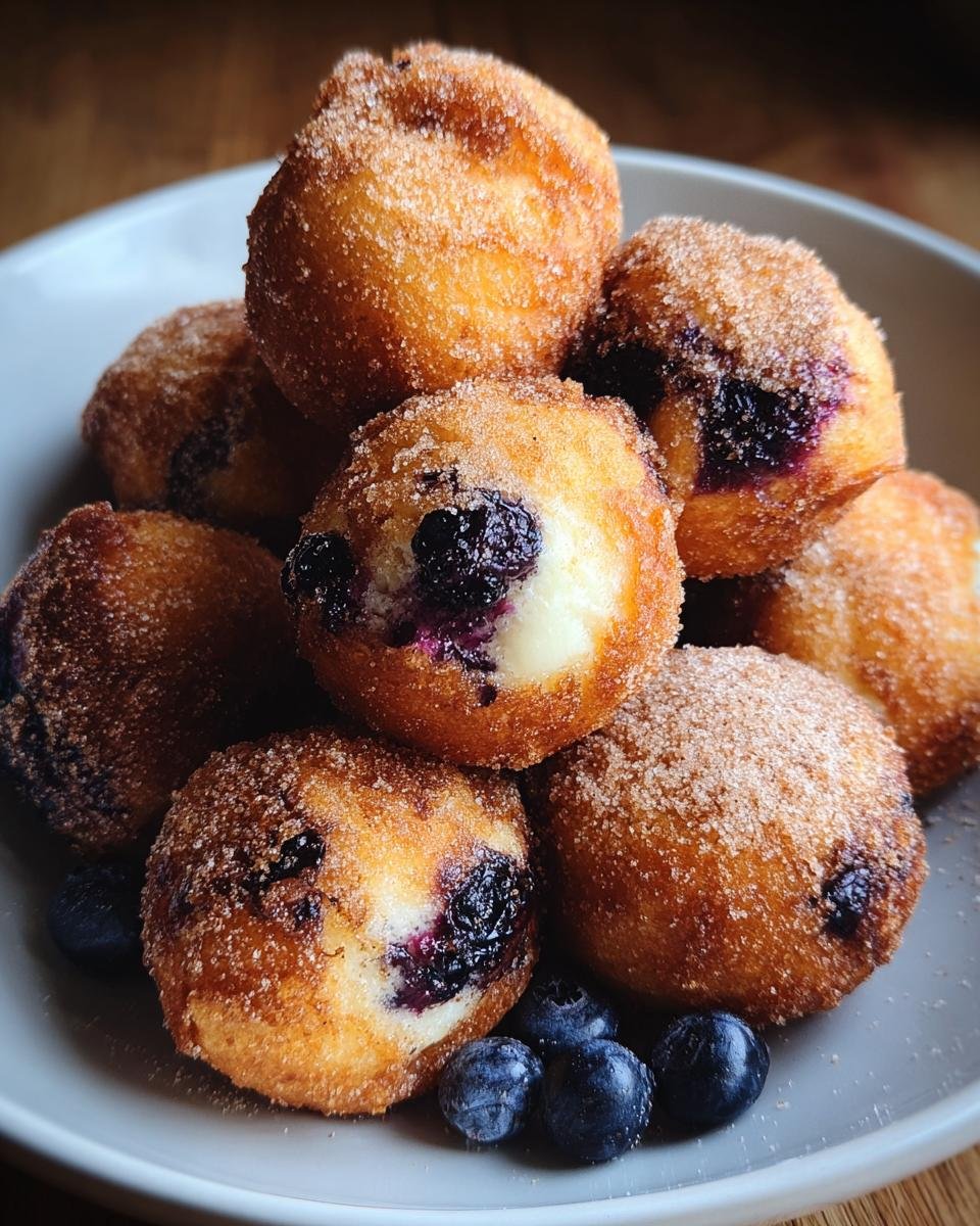 A close-up of a stack of golden-brown Blueberry Cottage Cheese Donut Holes, dusted with cinnamon sugar and filled with blueberries.
