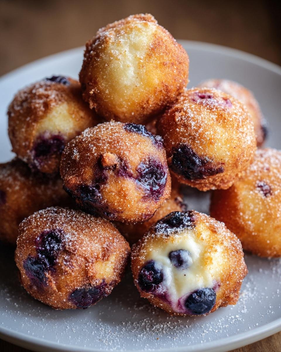 A close-up of a stack of golden-brown Blueberry Cottage Cheese Donut Holes, dusted with sugar.