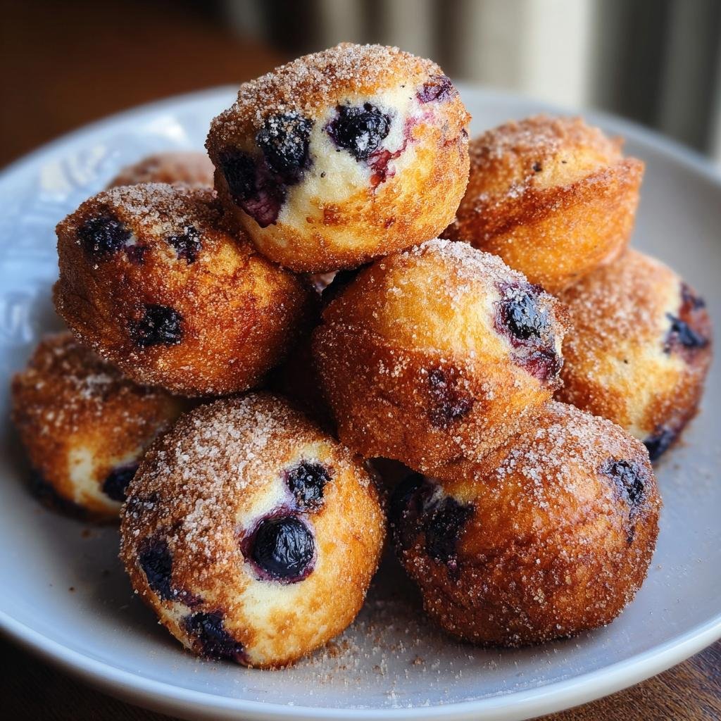 A stack of delicious Blueberry Cottage Cheese Donut Holes, coated in cinnamon sugar.