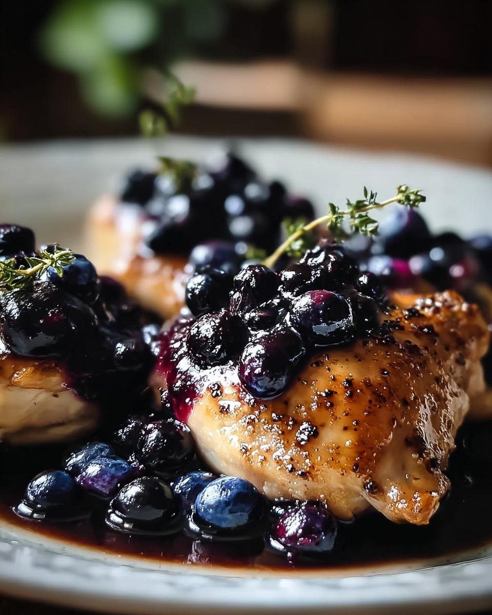 Close-up of pan-seared Blueberry Thyme Chicken topped with fresh blueberries and thyme sprigs.
