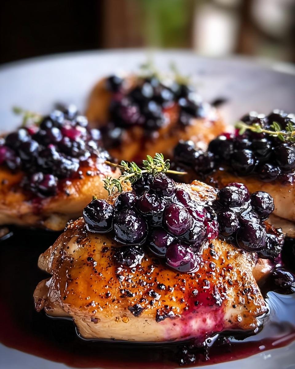 Close-up of pan-seared Blueberry Thyme Chicken topped with fresh blueberries and thyme sprigs.