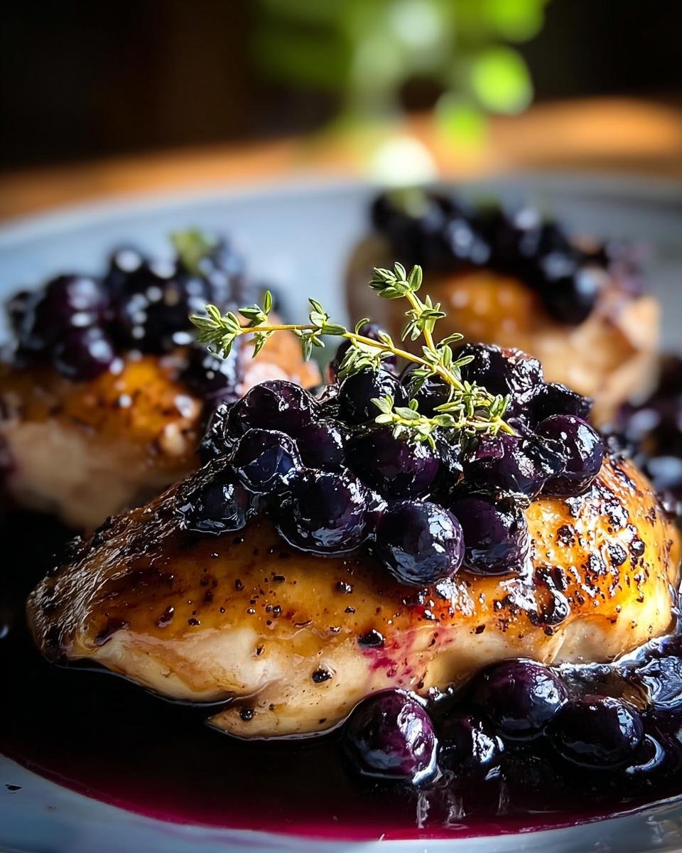 Close-up of a succulent Blueberry Thyme Chicken breast topped with fresh blueberries and a sprig of thyme.