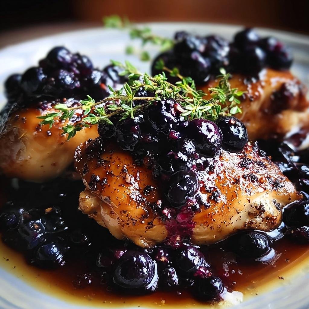 Close-up of succulent Blueberry Thyme Chicken pieces topped with fresh blueberries and thyme sprigs.