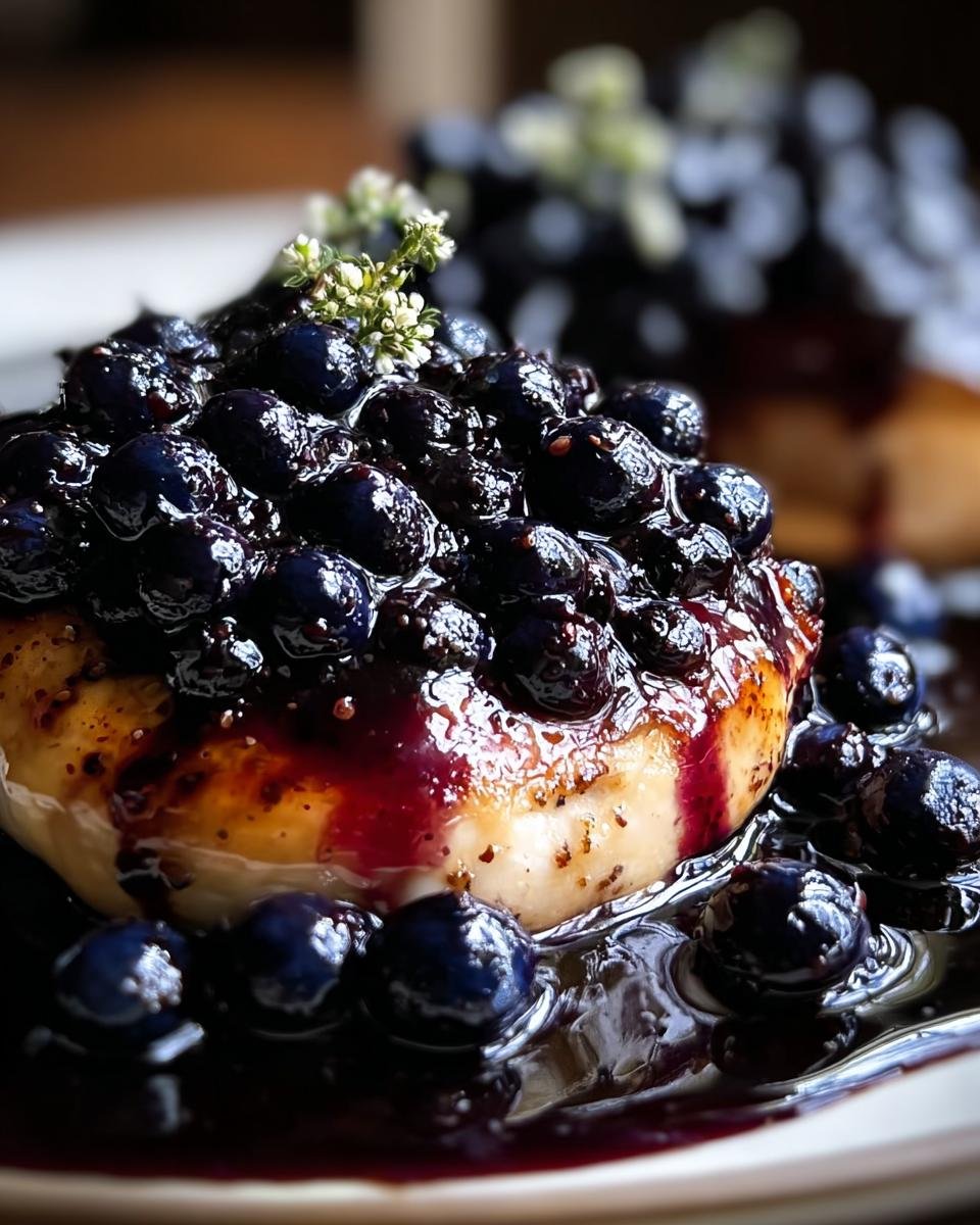 Close-up of Blueberry Thyme Chicken topped with a generous portion of fresh blueberries and a blueberry glaze.