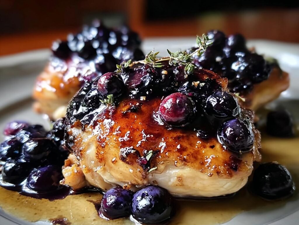Close-up of succulent Blueberry Thyme Chicken topped with a rich blueberry sauce and fresh thyme sprigs.