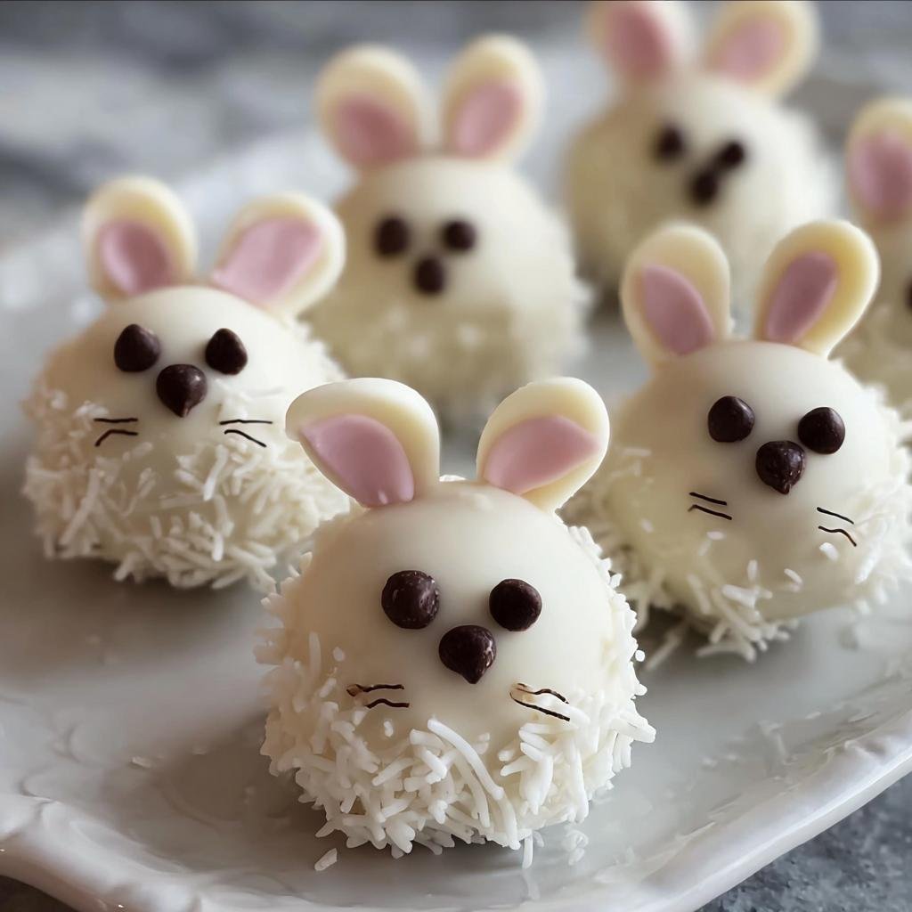 Close-up of adorable Bunny Oreo Balls decorated with white chocolate, pink ears, and chocolate chip eyes and noses.