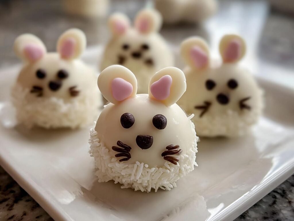 Close-up of adorable Bunny Oreo Balls decorated with white chocolate, pink ears, and chocolate chip faces.