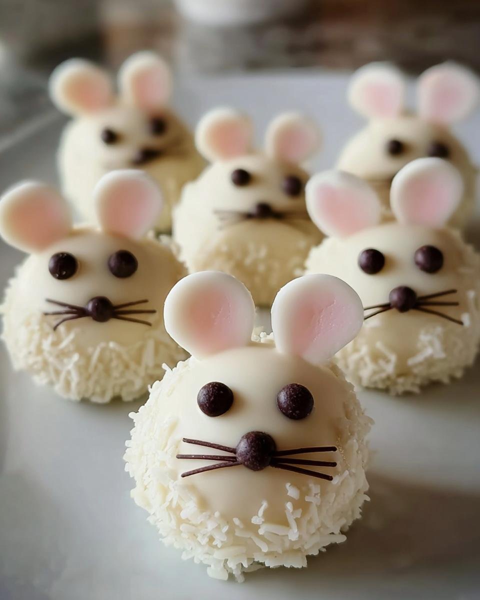 Adorable white chocolate-covered Bunny Oreo Balls decorated with pink ears and chocolate chip eyes and noses.