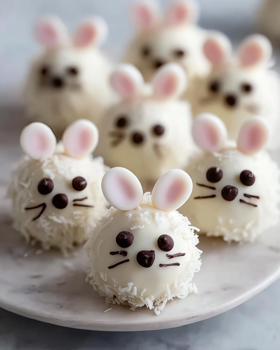 A group of cute Bunny Oreo Balls decorated with white chocolate, shredded coconut, and chocolate chip faces and ears.