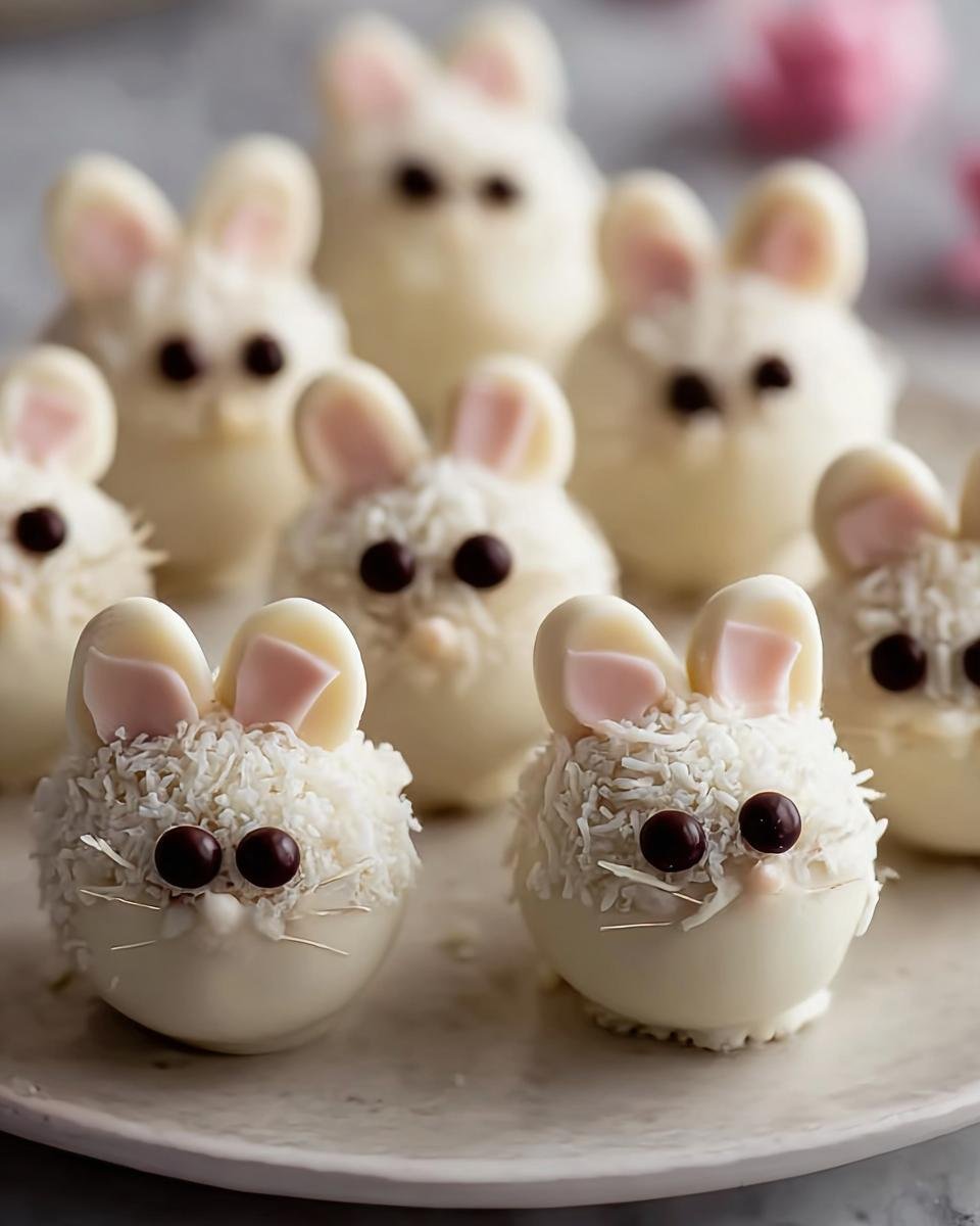Close-up of white chocolate-covered Bunny Oreo Balls decorated with shredded coconut, pink ears, and dark chocolate chip eyes.