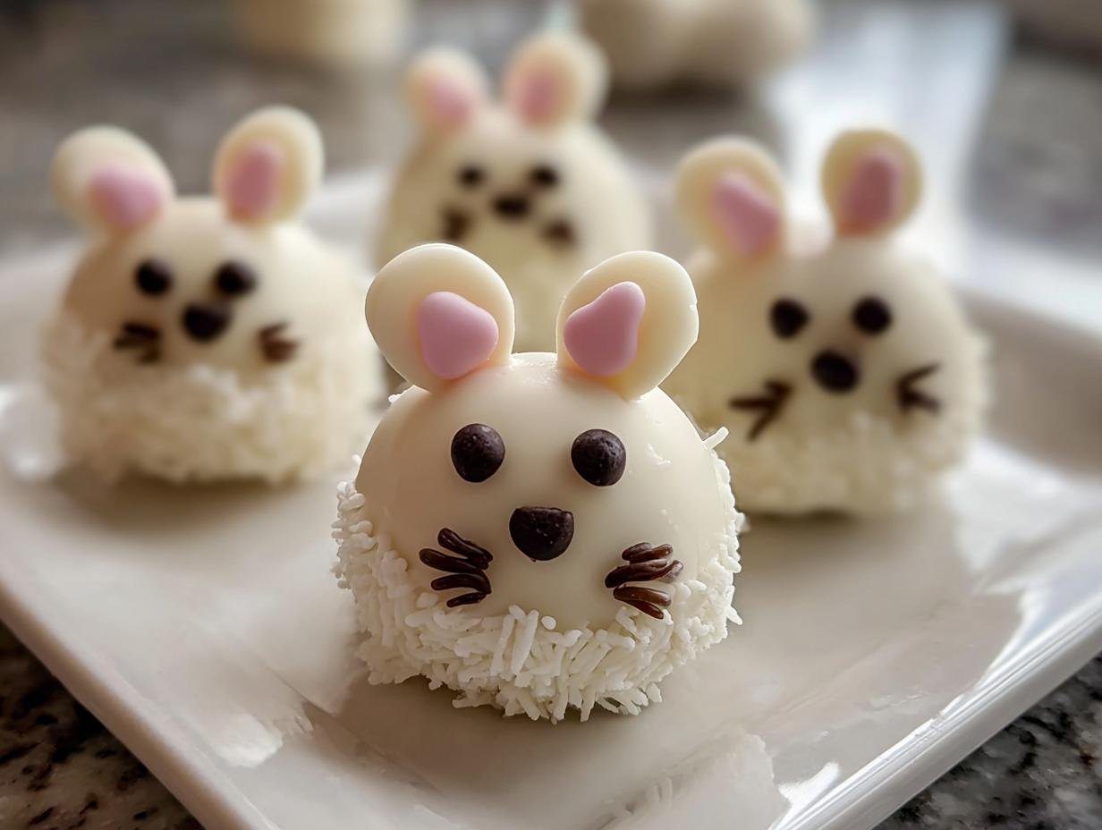 Close-up of adorable Bunny Oreo Balls decorated with white chocolate, pink ears, and chocolate chip faces.