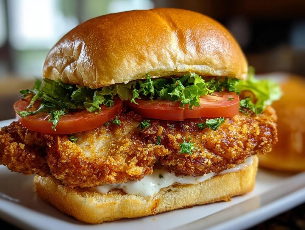 A delicious Cajun Crispy Chicken Sandwich with lettuce, tomato, and creamy sauce on a toasted bun.