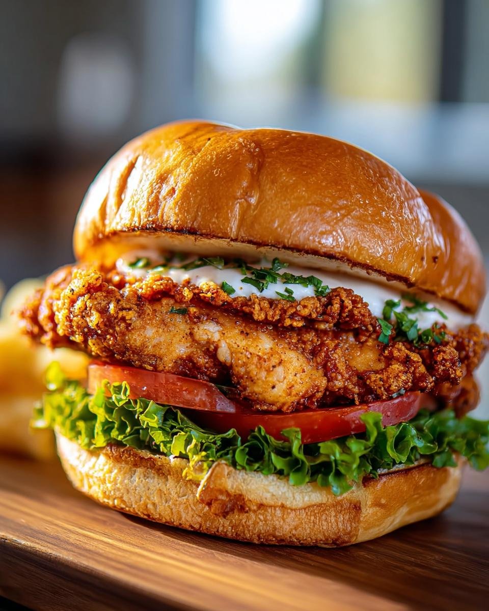 A delicious Cajun Crispy Chicken Sandwich with lettuce, tomato, and creamy sauce on a toasted bun.