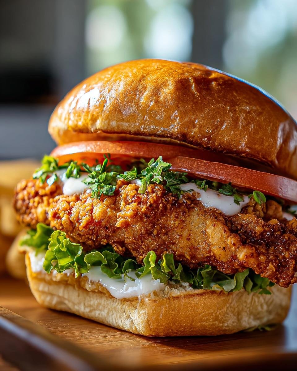 A delicious Cajun Crispy Chicken Sandwich with lettuce, tomato, and sauce on a toasted bun.