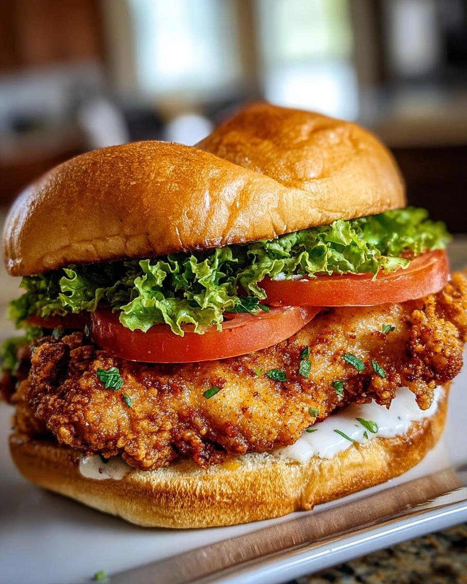 A close-up of a delicious Cajun Crispy Chicken Sandwich with lettuce, tomato, and sauce on a bun.