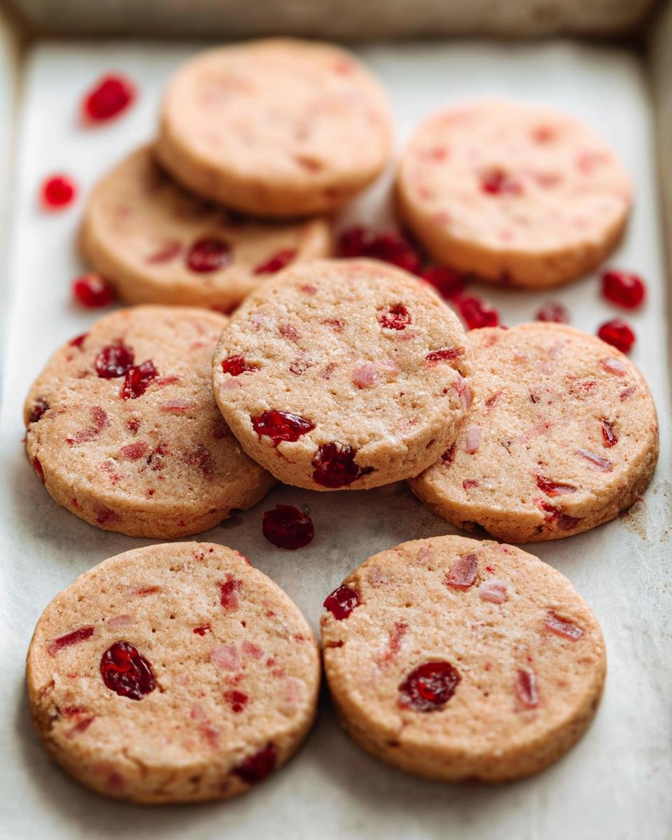 Close-up of round Cherry Icebox Cookies with visible cherry pieces scattered on a baking sheet.