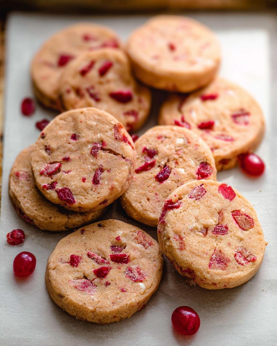 Close-up of freshly baked Cherry Icebox Cookies, studded with bright red cherry pieces.