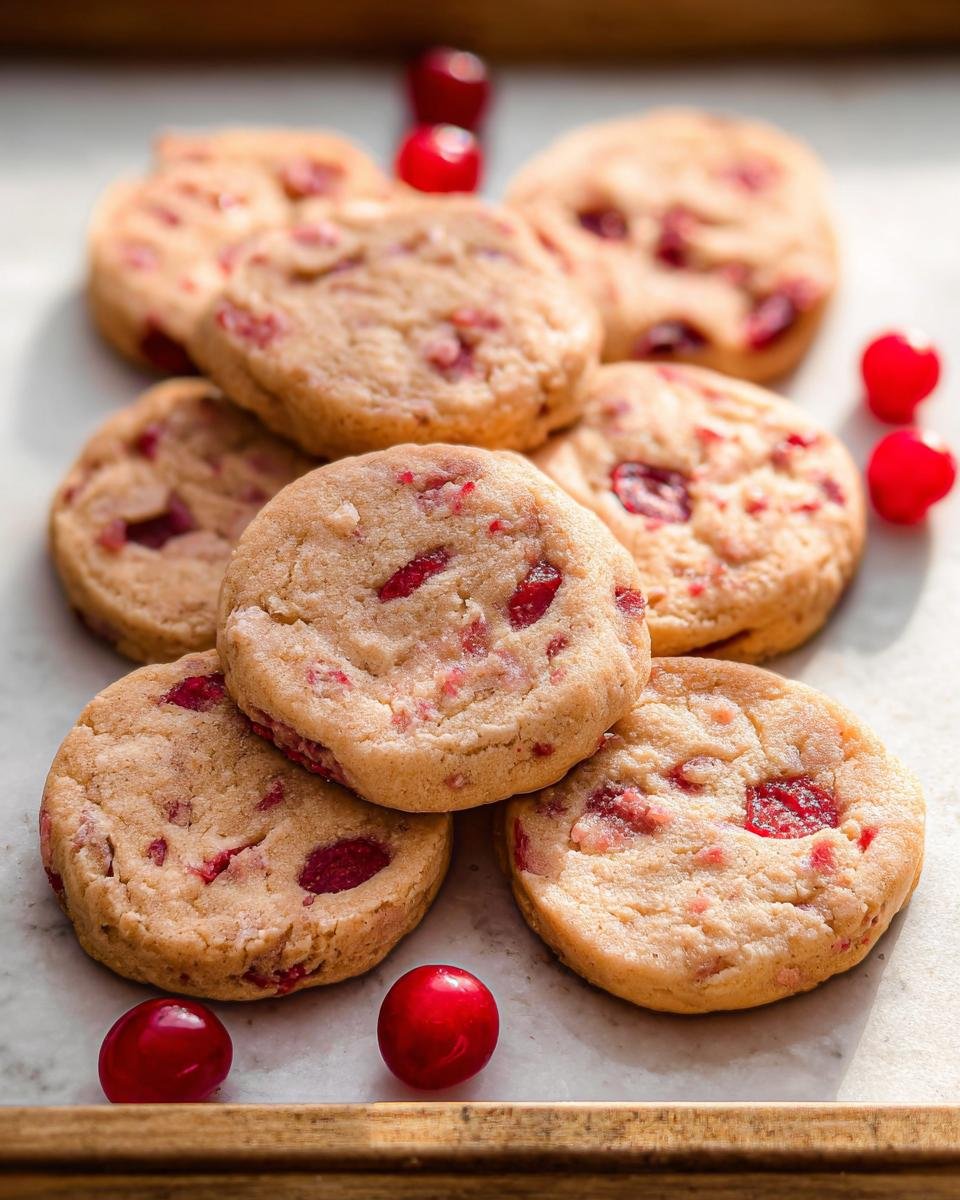 A close-up of a stack of freshly baked Cherry Icebox Cookies, with whole cherries scattered around.