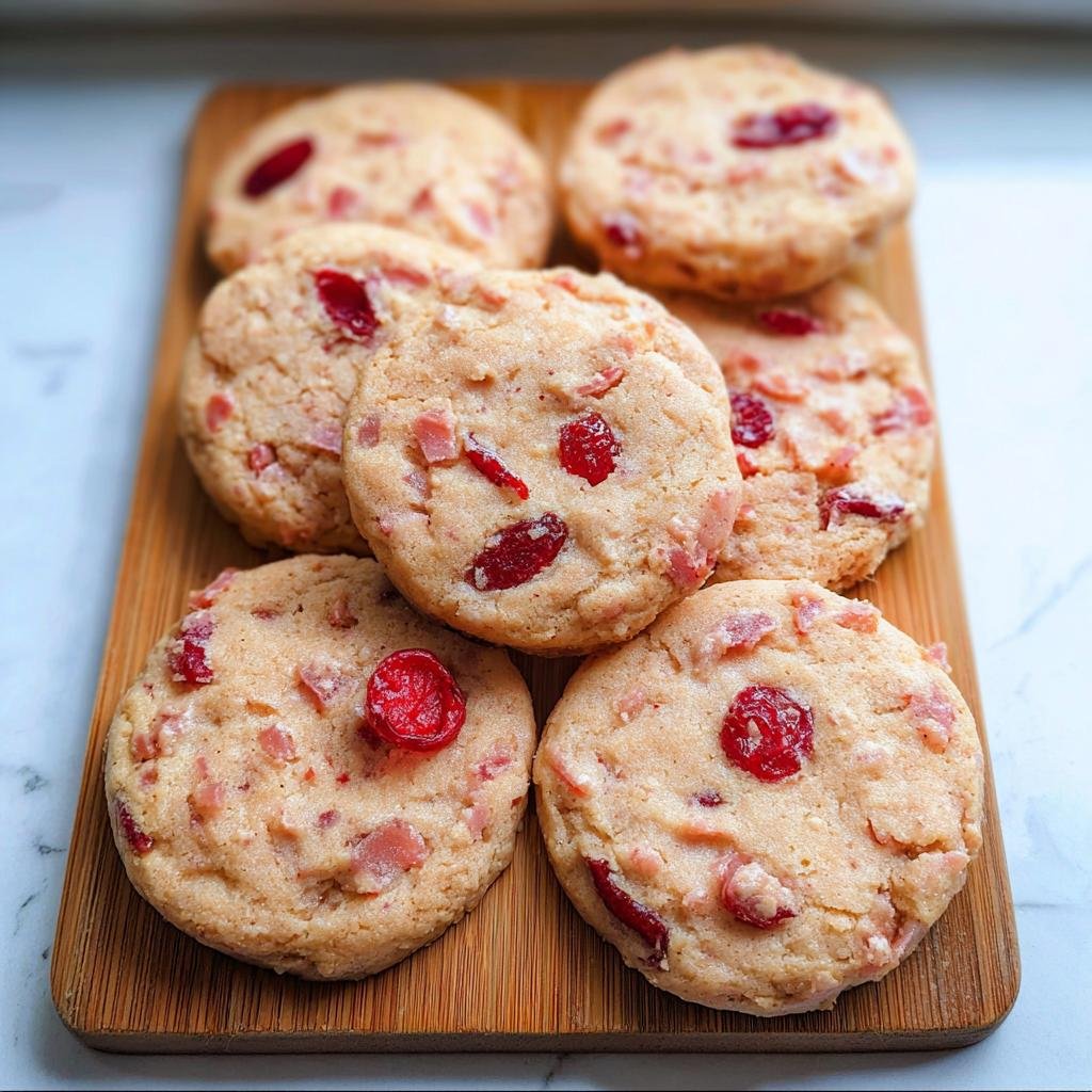 A close-up of several delicious Cherry Icebox Cookies, studded with bright red cherries, arranged on a wooden cutting board.