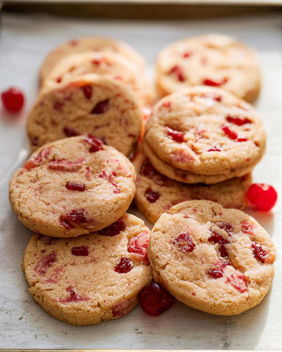 Close-up of several delicious Cherry Icebox Cookies, studded with bright red cherry pieces.