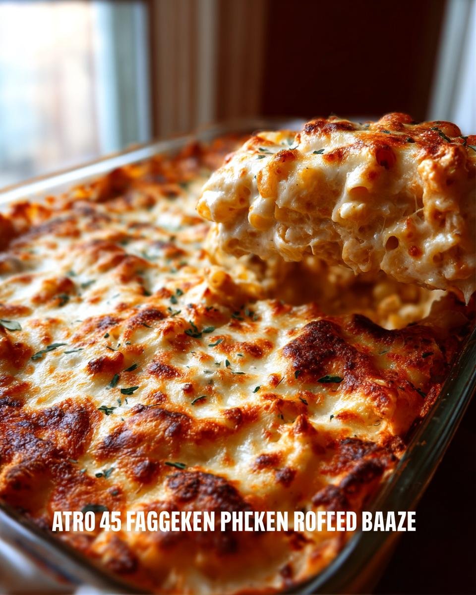 A scoop of cheesy Chicken Alfredo Bake being lifted from a baking dish, showing golden-brown pasta and melted cheese.
