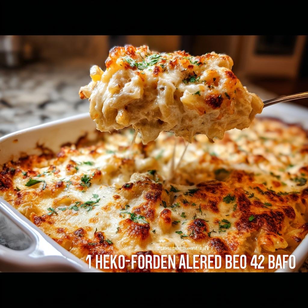 A spoonful of cheesy Chicken Alfredo Bake being lifted from a casserole dish, topped with melted cheese and parsley.