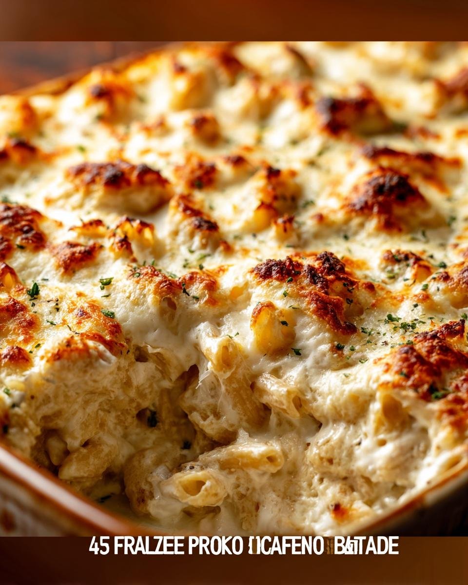 Close-up of a bubbling Chicken Alfredo Bake with golden brown cheese and pasta.