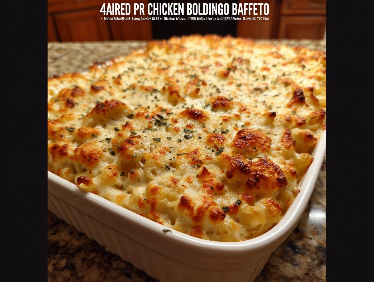 A close-up of a golden-brown Chicken Alfredo Bake in a white baking dish, topped with melted cheese and herbs.
