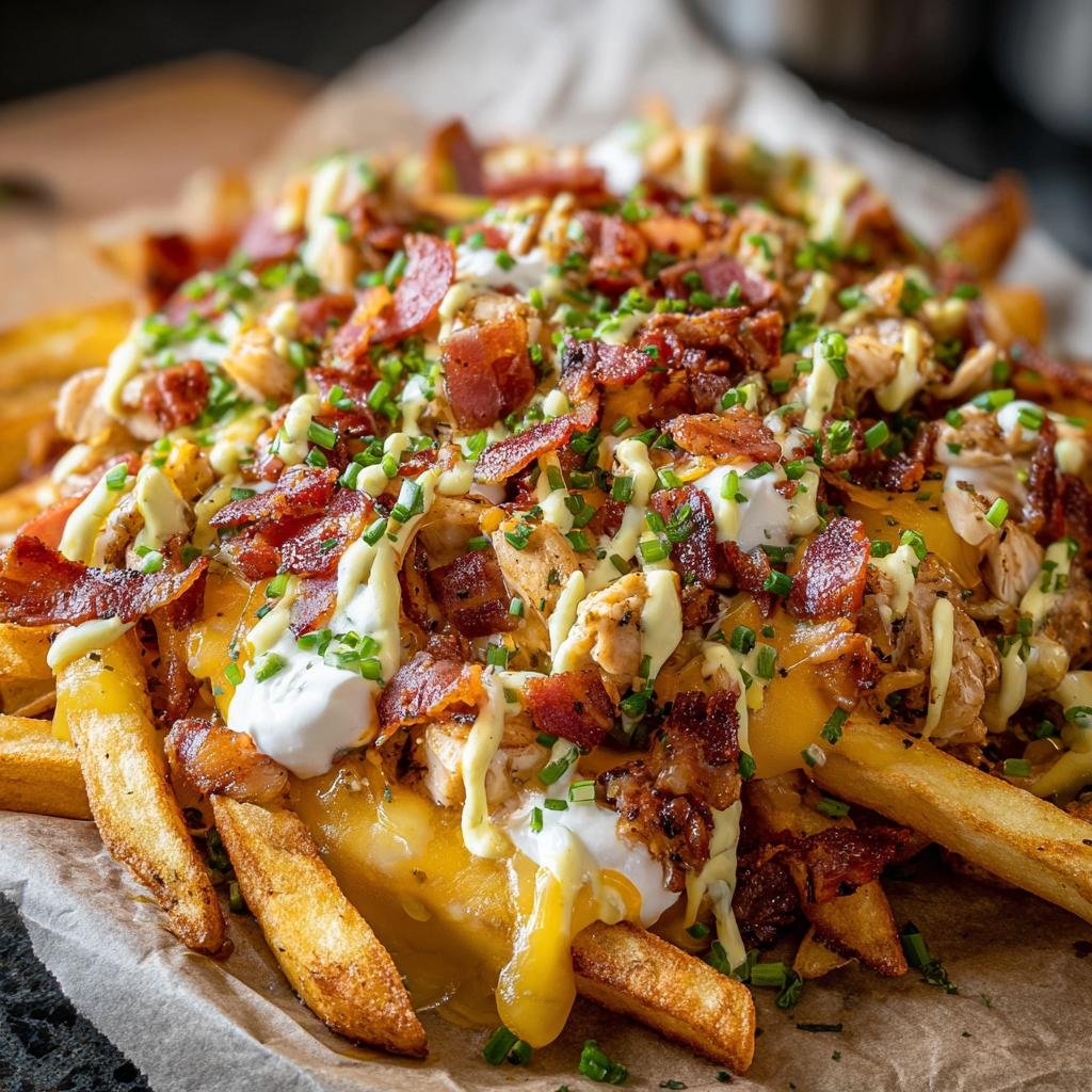 A generous serving of golden fries loaded with chicken, crispy bacon, melted cheese, and chives.