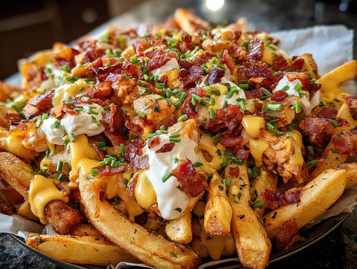 A generous serving of Chicken and Bacon Loaded Fries, topped with melted cheese, sour cream, and chives.