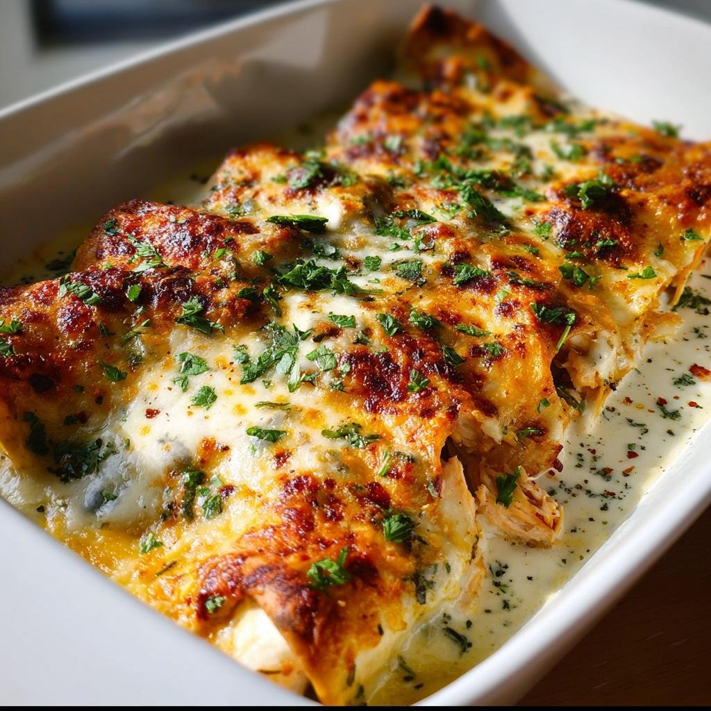 Close-up of baked Chicken Enchiladas in a white dish, topped with melted cheese and fresh parsley.