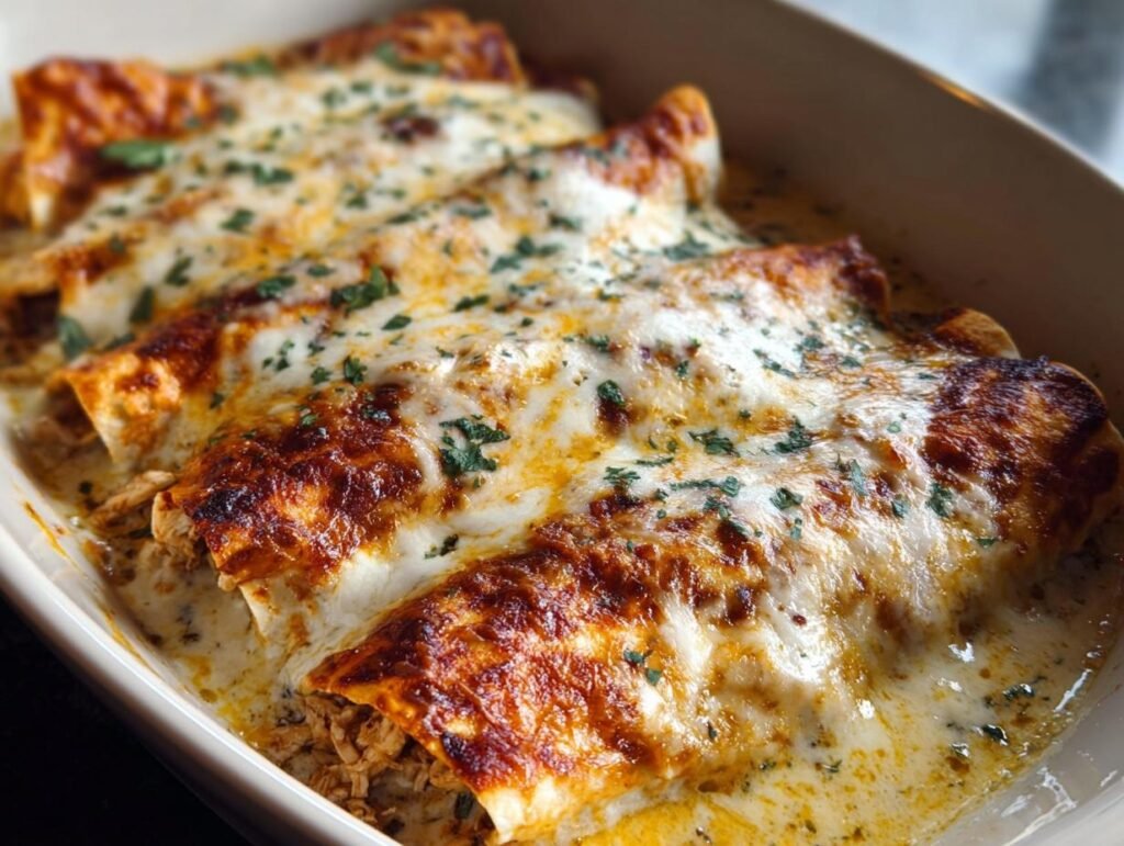 A close-up of baked Chicken Enchiladas covered in melted cheese and sprinkled with parsley.