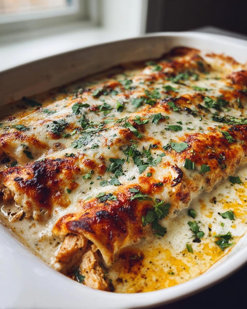 A close-up of baked Chicken Enchiladas in a white baking dish, topped with melted cheese and fresh parsley.