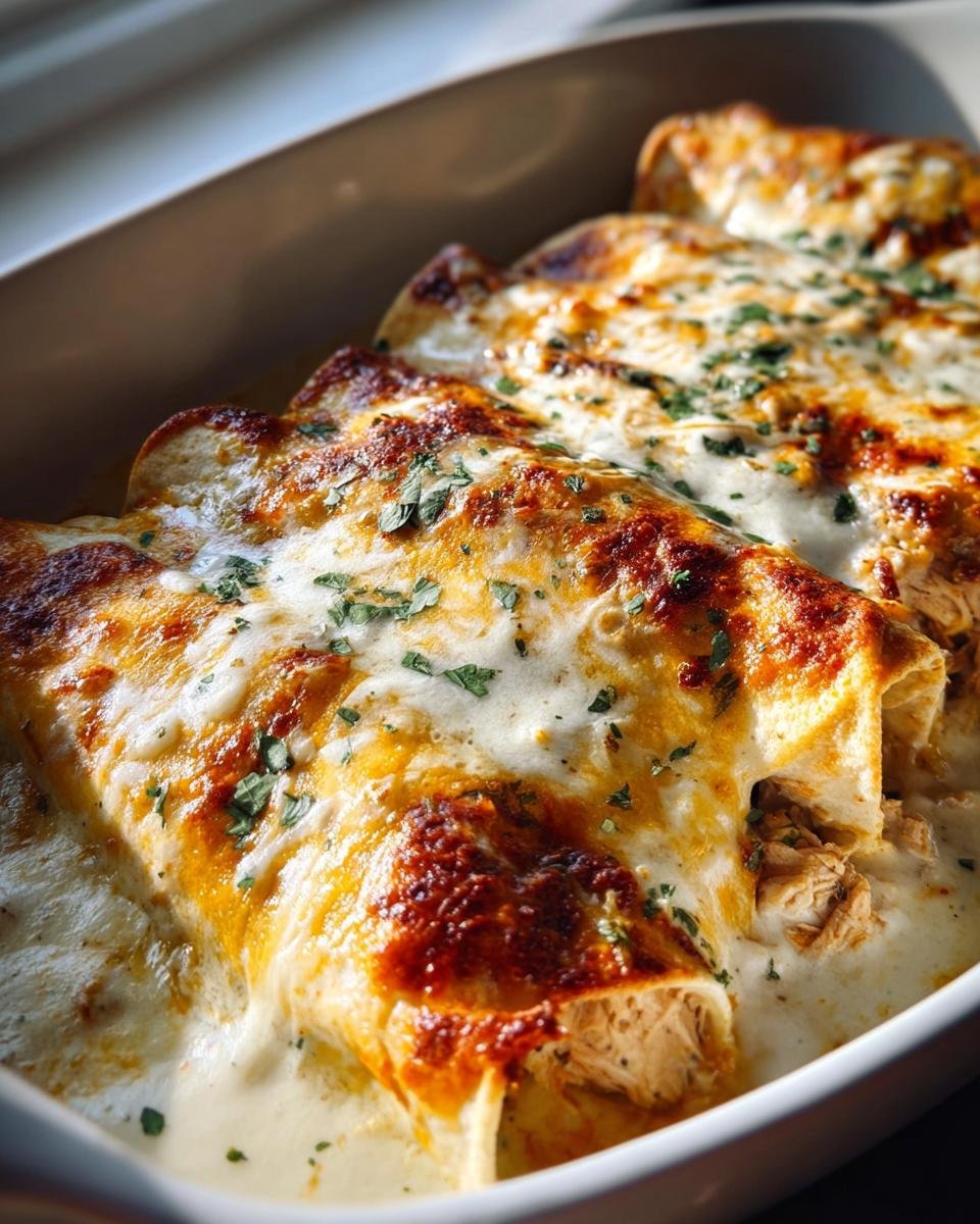 Close-up of baked chicken enchiladas covered in melted cheese and sprinkled with parsley.