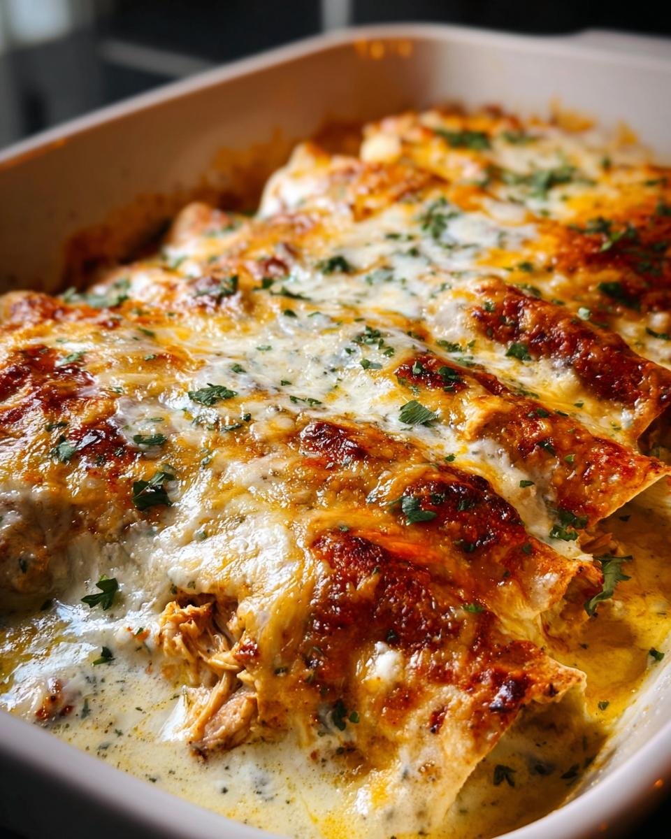 Close-up of baked Chicken Enchiladas covered in melted cheese and sauce, garnished with parsley.