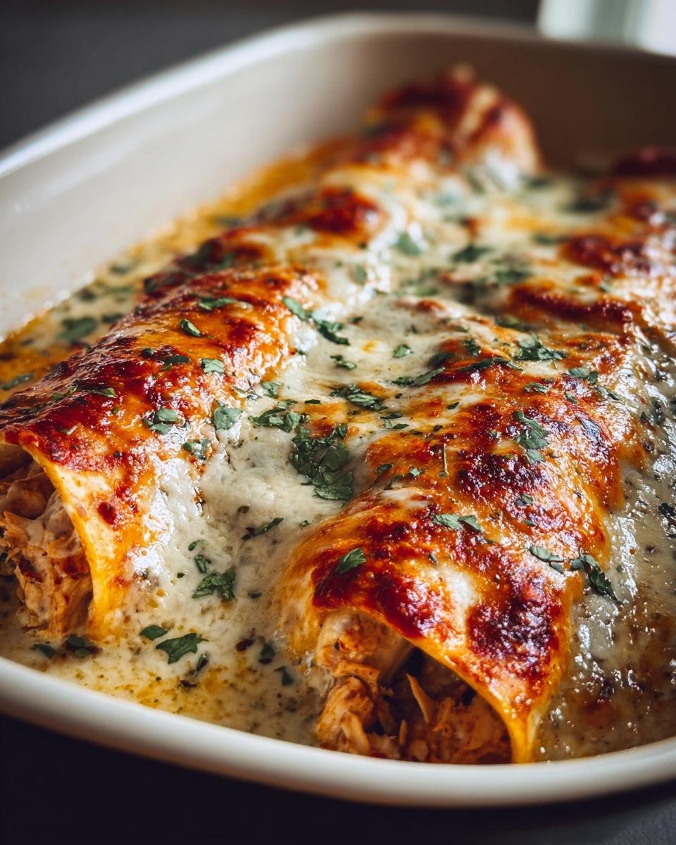 Close-up of baked chicken enchiladas covered in melted cheese and herbs in a baking dish.