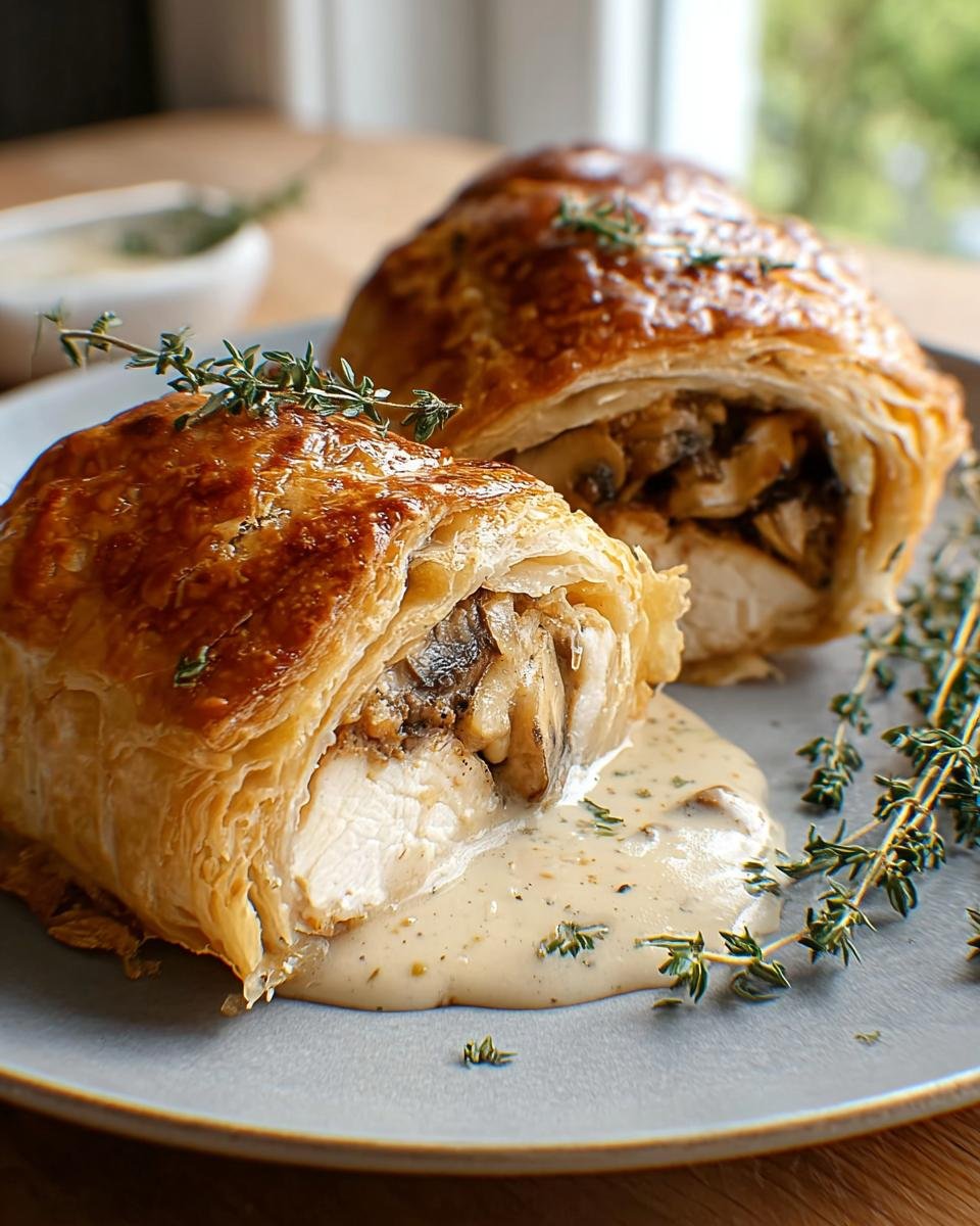 A golden-brown Chicken Wellington, sliced to reveal tender chicken and rich mushroom duxelles, served with a creamy sauce and fresh thyme.