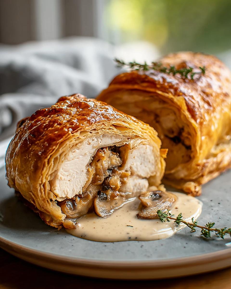 A golden-brown, flaky pastry-wrapped Chicken Wellington, sliced to reveal tender chicken and rich mushroom duxelles, served with a creamy sauce.