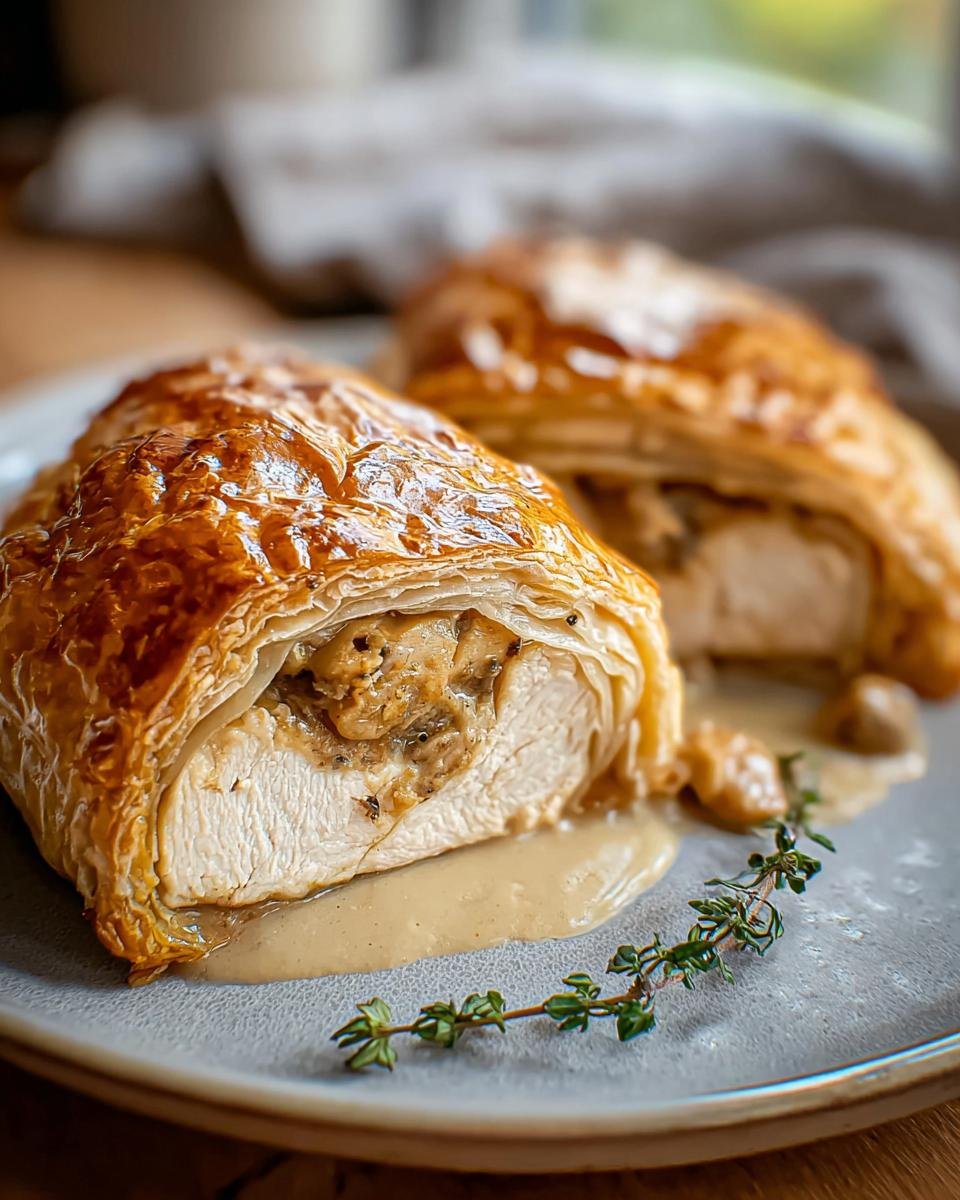 A golden-brown, flaky pastry-wrapped Chicken Wellington slice, revealing tender chicken and mushroom duxelles filling, served with a light sauce and thyme garnish.