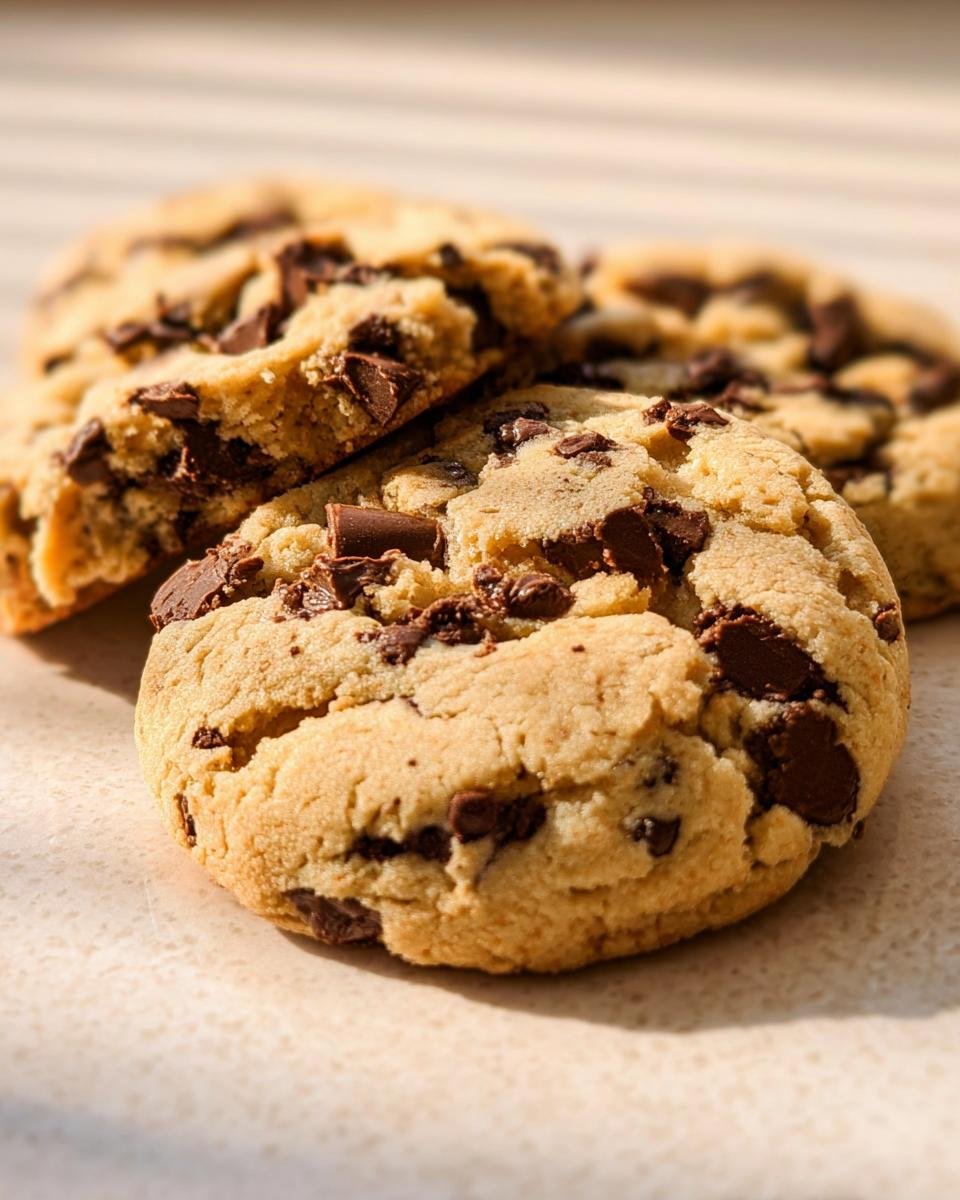 Close-up of three delicious Chocolate Chip Cheesecake Cookies, with visible chocolate chunks and a slightly cracked surface.