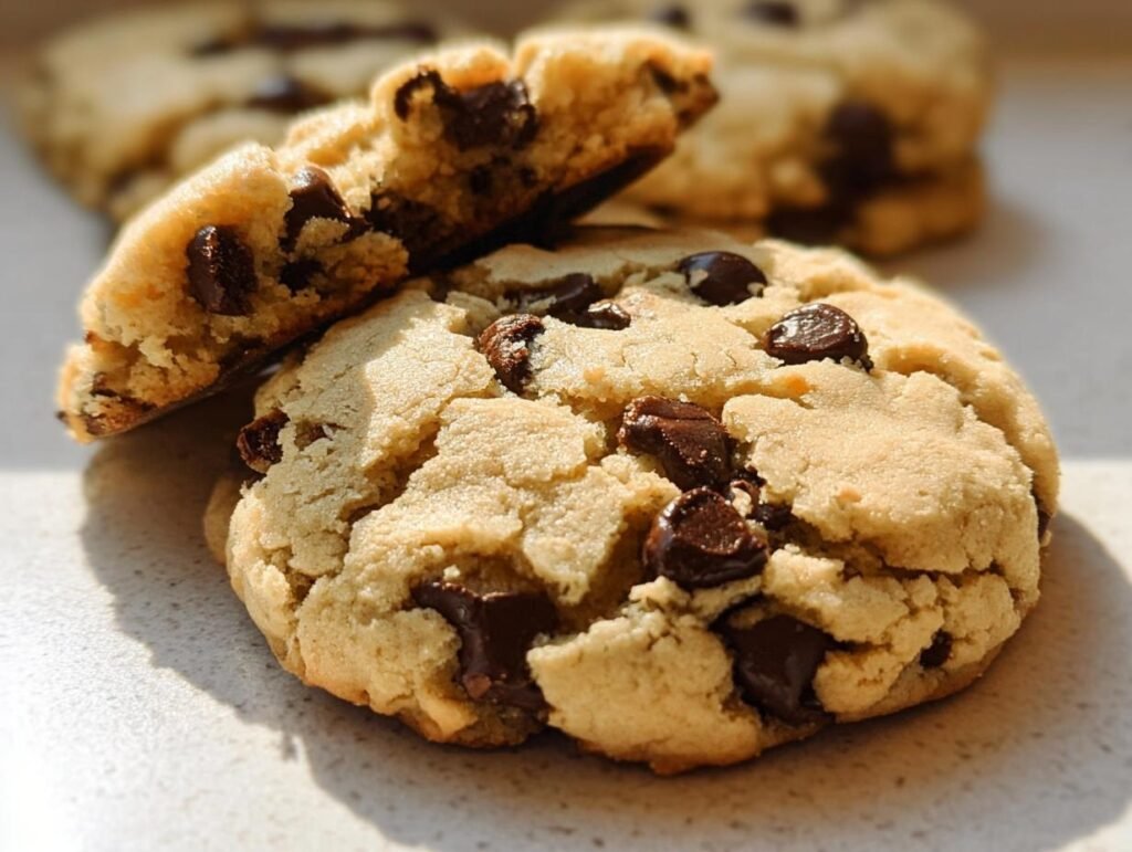 Close-up of delicious Chocolate Chip Cheesecake Cookies with melty chocolate chips.