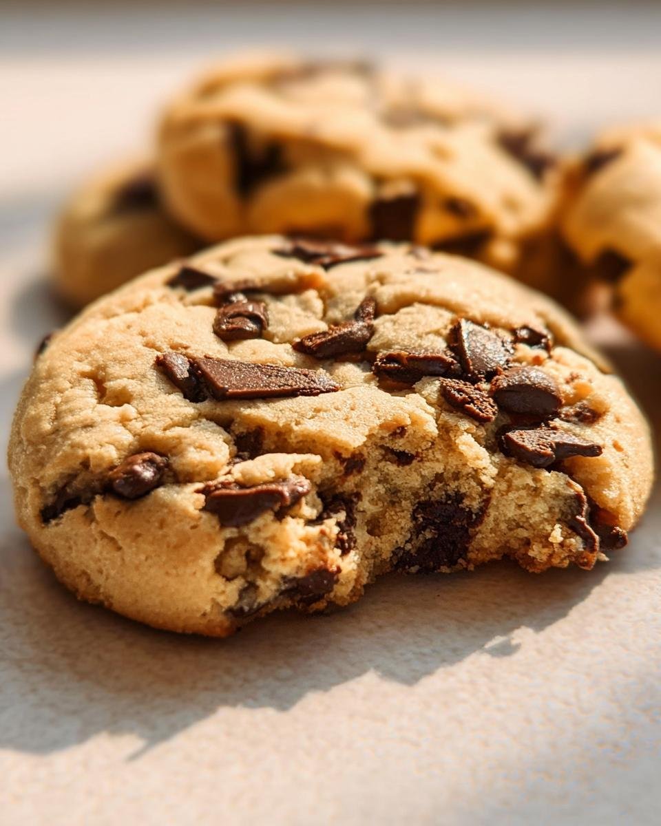 Close-up of a delicious Chocolate Chip Cheesecake Cookie with a bite taken out, showing gooey chocolate chips.