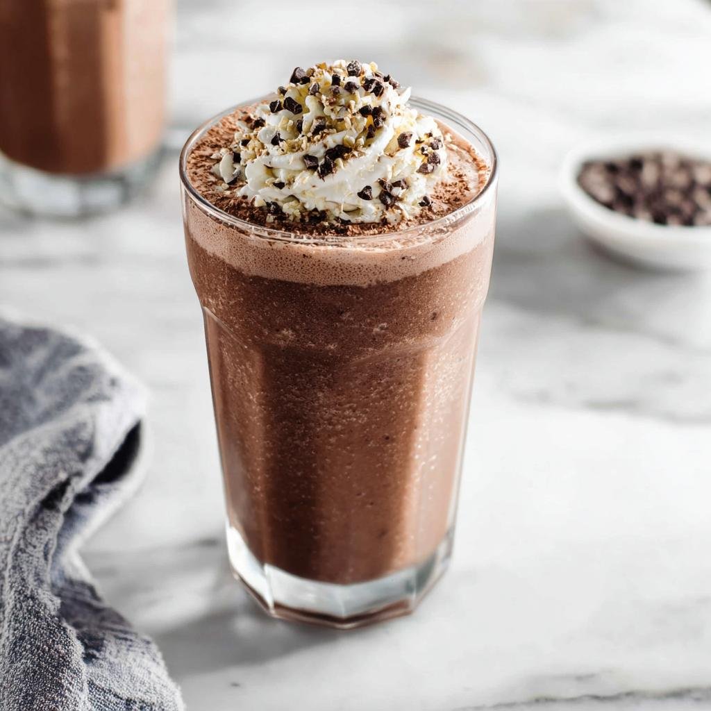 A refreshing Chocolate Protein Shake topped with whipped cream and chocolate chips.